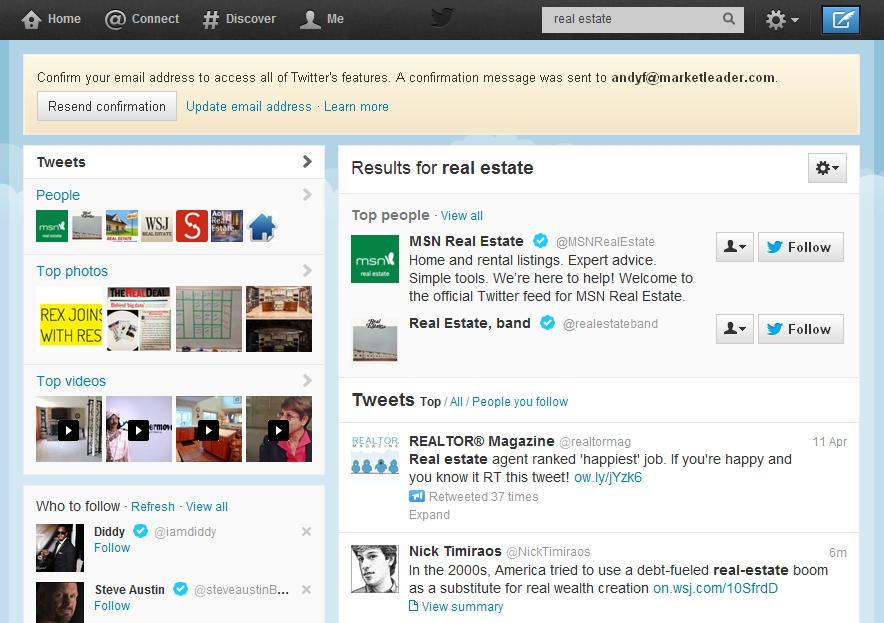 Search results for a Twitter search for the term "real estate"