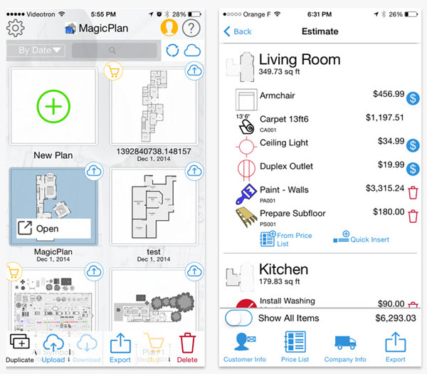 Screenshots of the MagicPlan app, which quickly creates floor plans