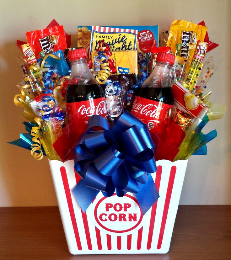 movie night basket gift with popcorn, soda and candy