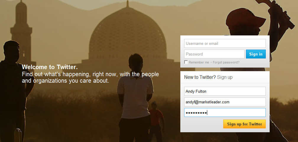 The first page of Twitter's account creation process; your name, email address and a password must be provided