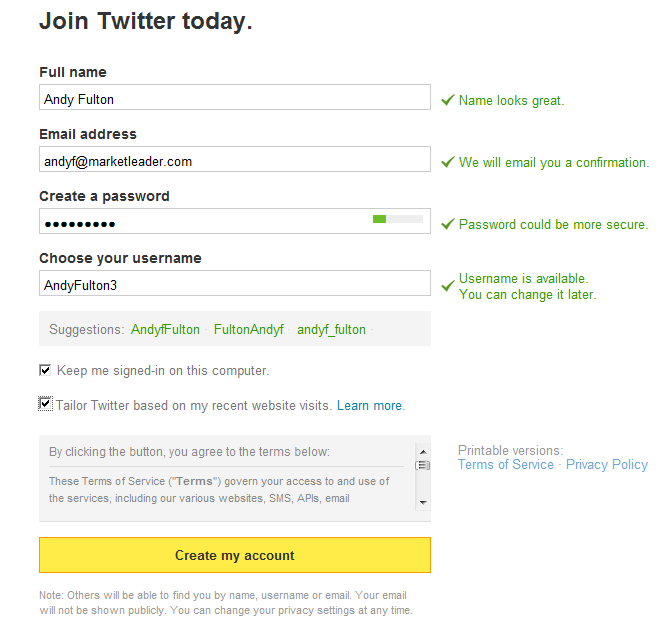 The second and final step in creating an account on Twitter; choosing your username and confirming your name, email and password