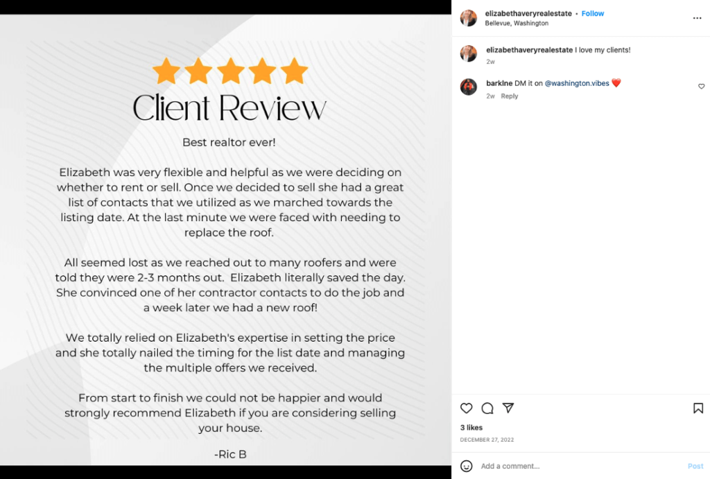 Don't forget to include client reviews in your real estate social media posts.