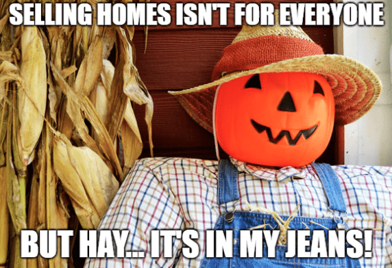 scarecrow on porch with pumpkin head real estate meme