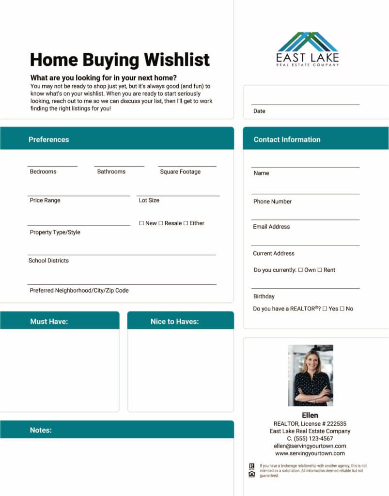 The home buying wish list is the third real estate mailer idea.