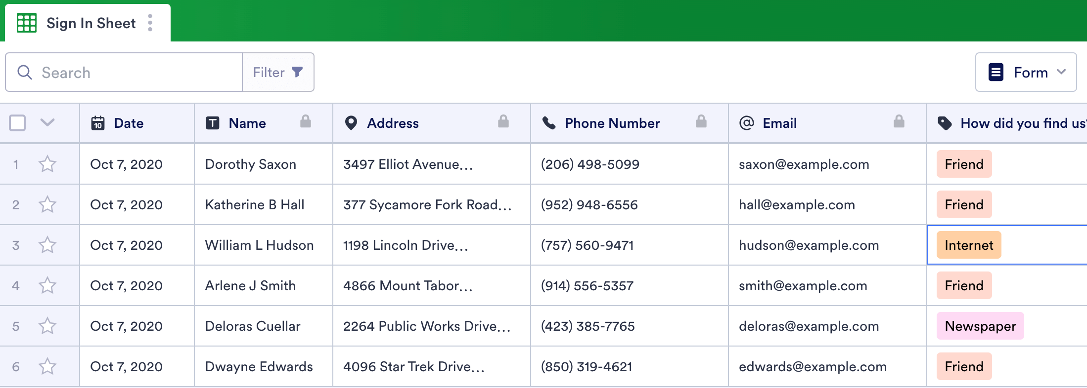 If you're going the digital route, you could use a spreadsheet version of a real estate sign in sheet, like this example.